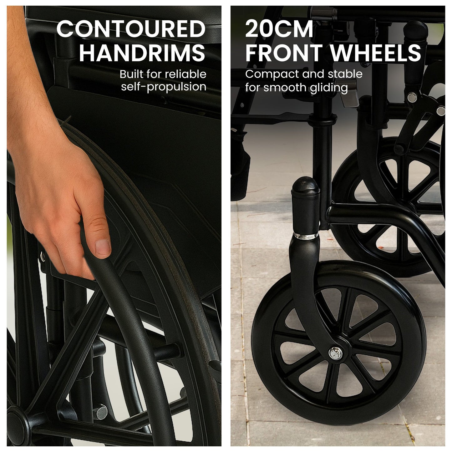 Orthonica New Steel Wheelchair In Black Foldable Lightweight Disability Aid Portable Heavy-duty 24-inch Adjustable Footrest Steel Frame